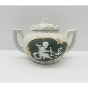 Vintage Schafer & Vater Germany Art Nouveau Teapot Cherub Birds Porcelain Bisque